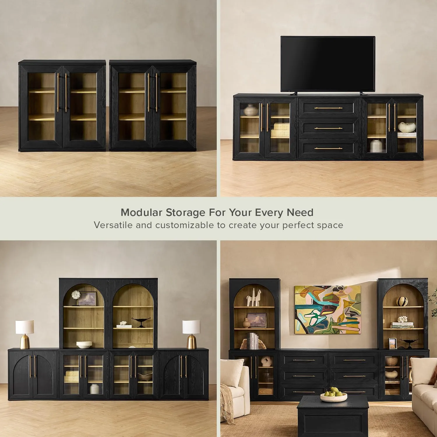 mopio Blake Storage Cabinet, Small Modular Accent Display Sideboard Buffet Cabinet with Storage, Media Console Credenza, for Kitchen, Coffee Bar, Pantry, Living Room (Black Oak Acrylic, Set of 2)