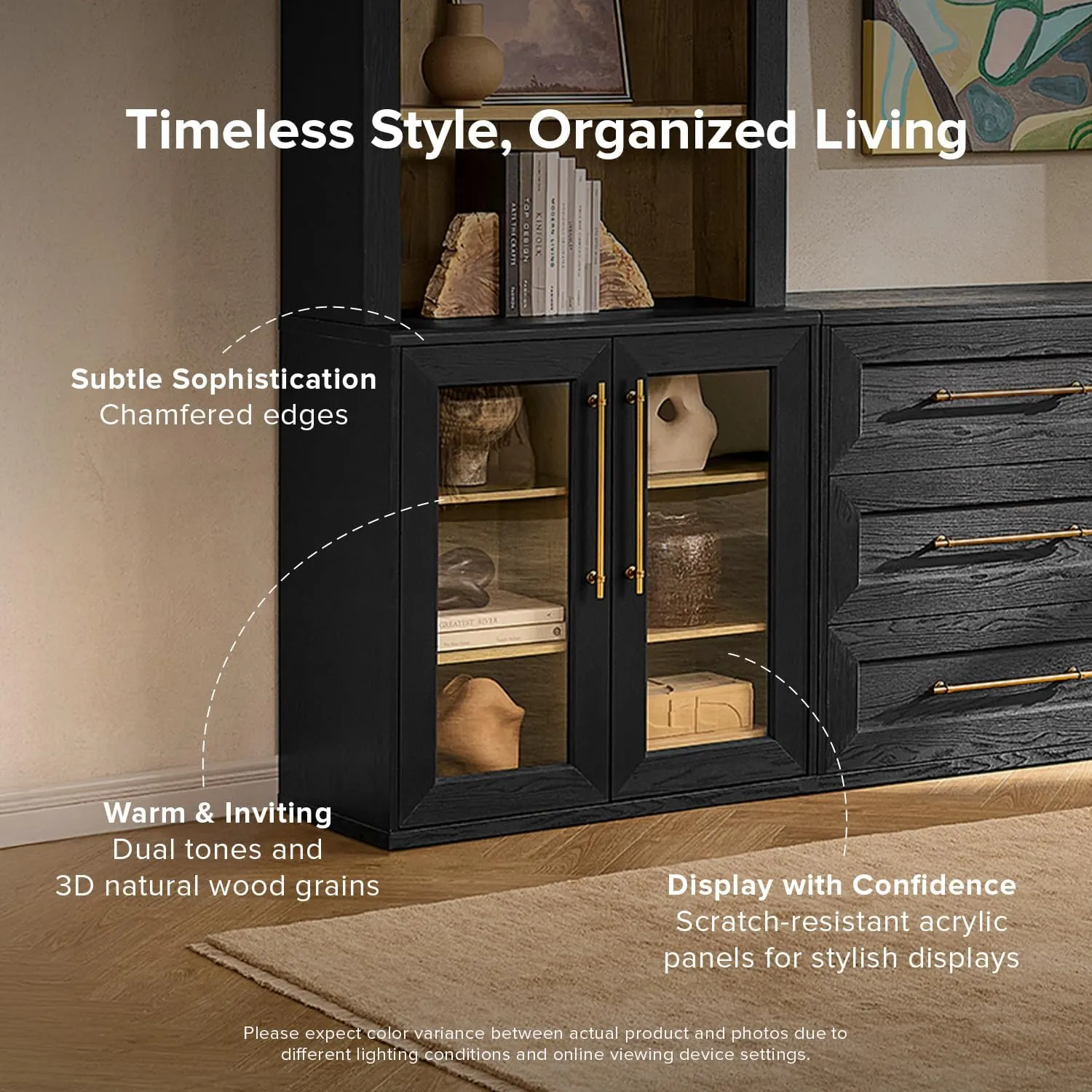 mopio Blake Storage Cabinet, Small Modular Accent Display Sideboard Buffet Cabinet with Storage, Media Console Credenza, for Kitchen, Coffee Bar, Pantry, Living Room (Black Oak Acrylic, Set of 2)
