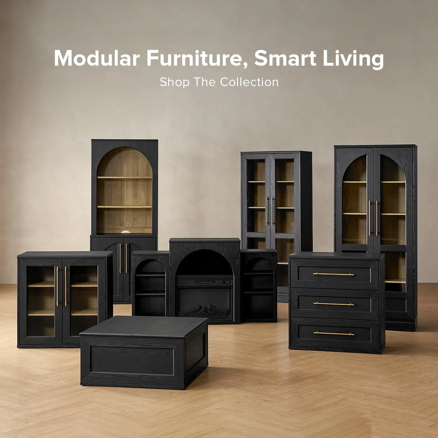 mopio Blake Storage Cabinet, Small Modular Accent Display Sideboard Buffet Cabinet with Storage, Media Console Credenza, for Kitchen, Coffee Bar, Pantry, Living Room (Black Oak Acrylic, Set of 2)