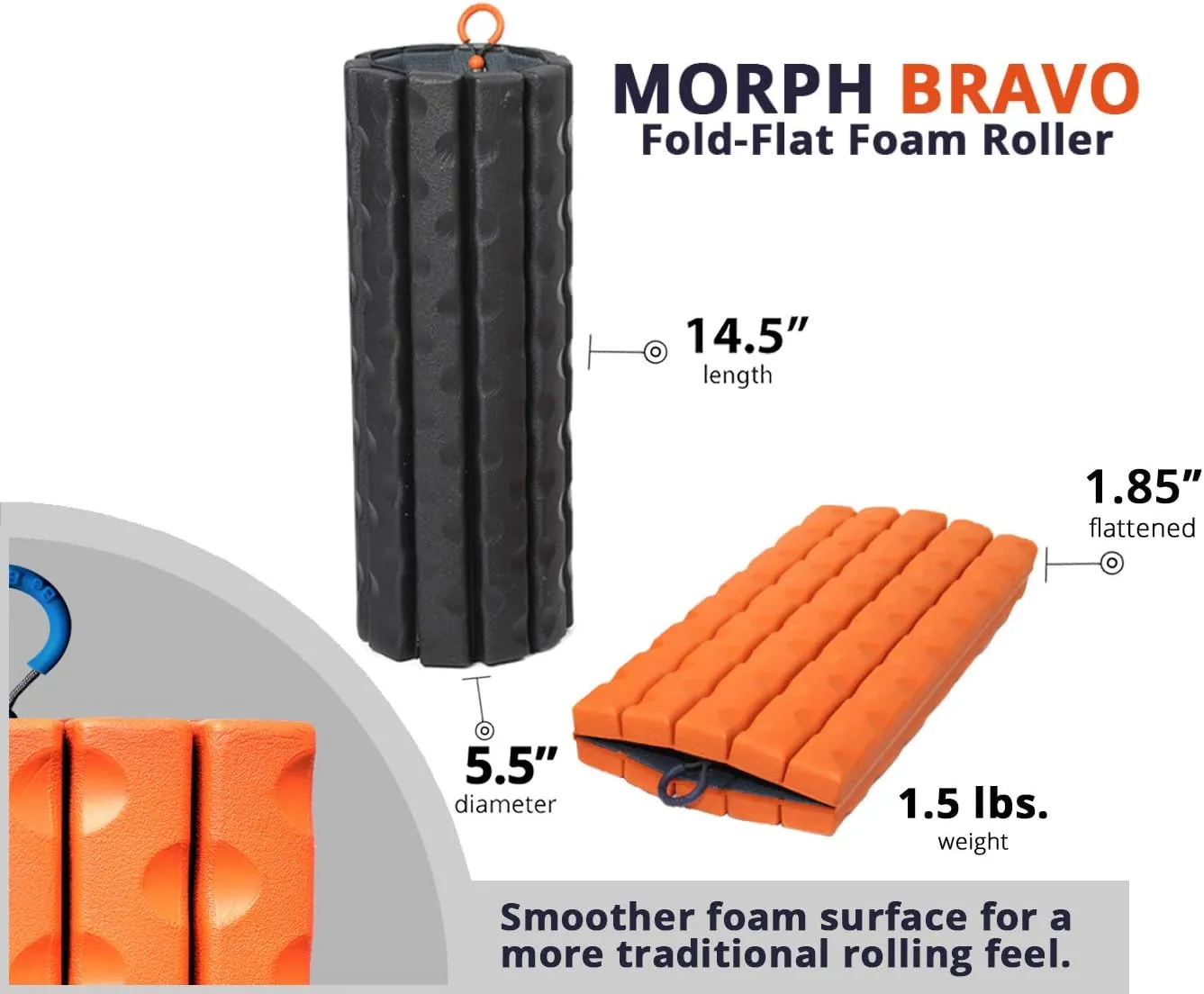 Morph Foam Roller (Bravo-Orange): Collapsible Travel Foam Roller for Back Pain Relief, Workout Muscle Recovery, Back Massager, Deep Tissue Leg Massage, Back Cracker, Stretcher; Small, Portable