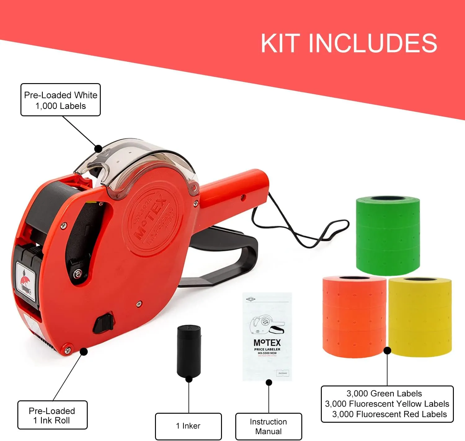 Motex Genuine MX-5500NEW 1 Line 8 Digits Price Tag Gun Kit - Includes 10,000 Blank Labels (White   Red   Yellow   Green) and 1 Pre-Loaded Inker with 1 Ink Refill
