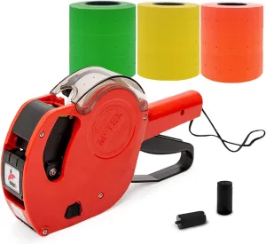 Motex Genuine MX-5500NEW 1 Line 8 Digits Price Tag Gun Kit - Includes 10,000 Blank Labels (White   Red   Yellow   Green) and 1 Pre-Loaded Inker with 1 Ink Refill