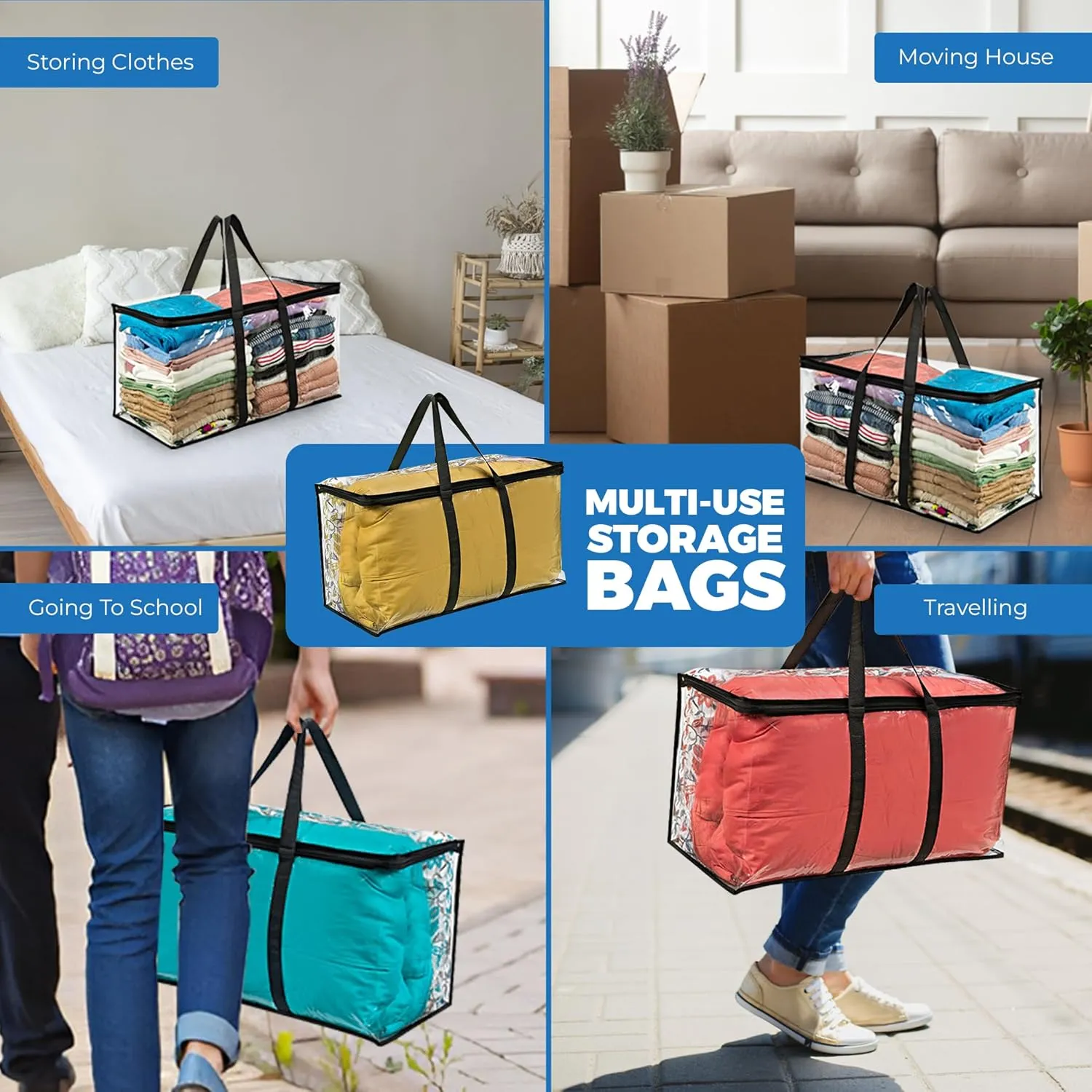 Moving Bags with Handles 25x14x12 - Large Zippered Storage Totes for Packing and Organizing, Ideal for College Students and Travel, 2 Pack