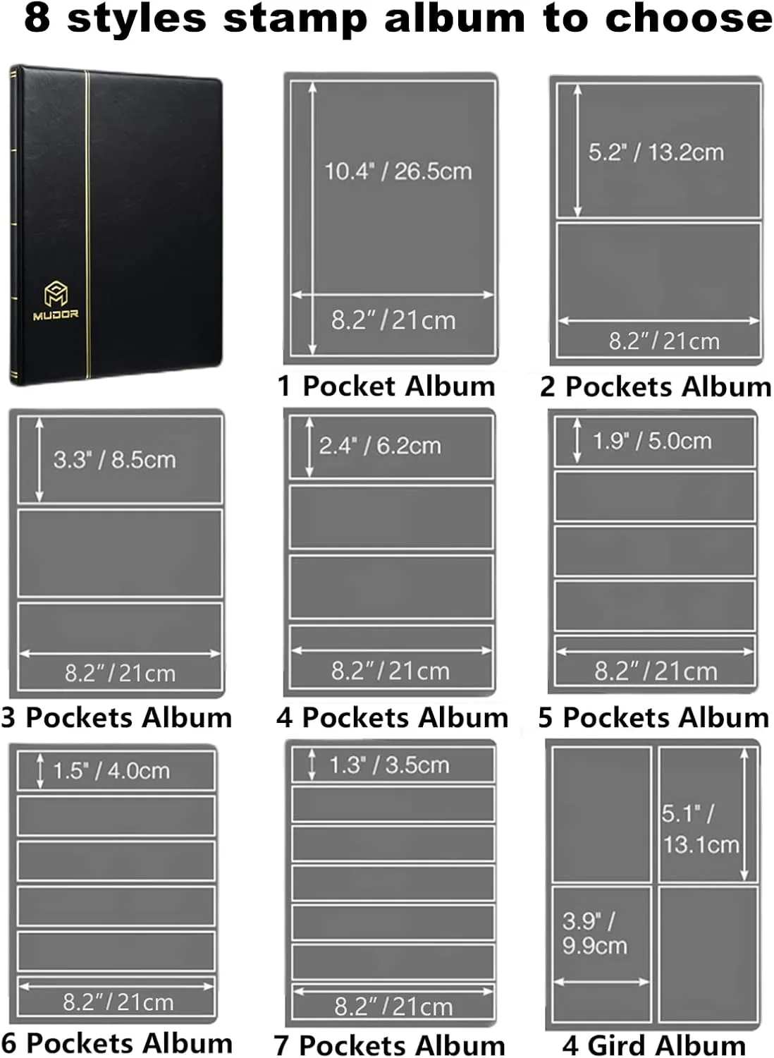 MUDOR Stamp Collecting Album, 2 Rows Pockets Stockbook for Collectors, 10 Sheets, Black