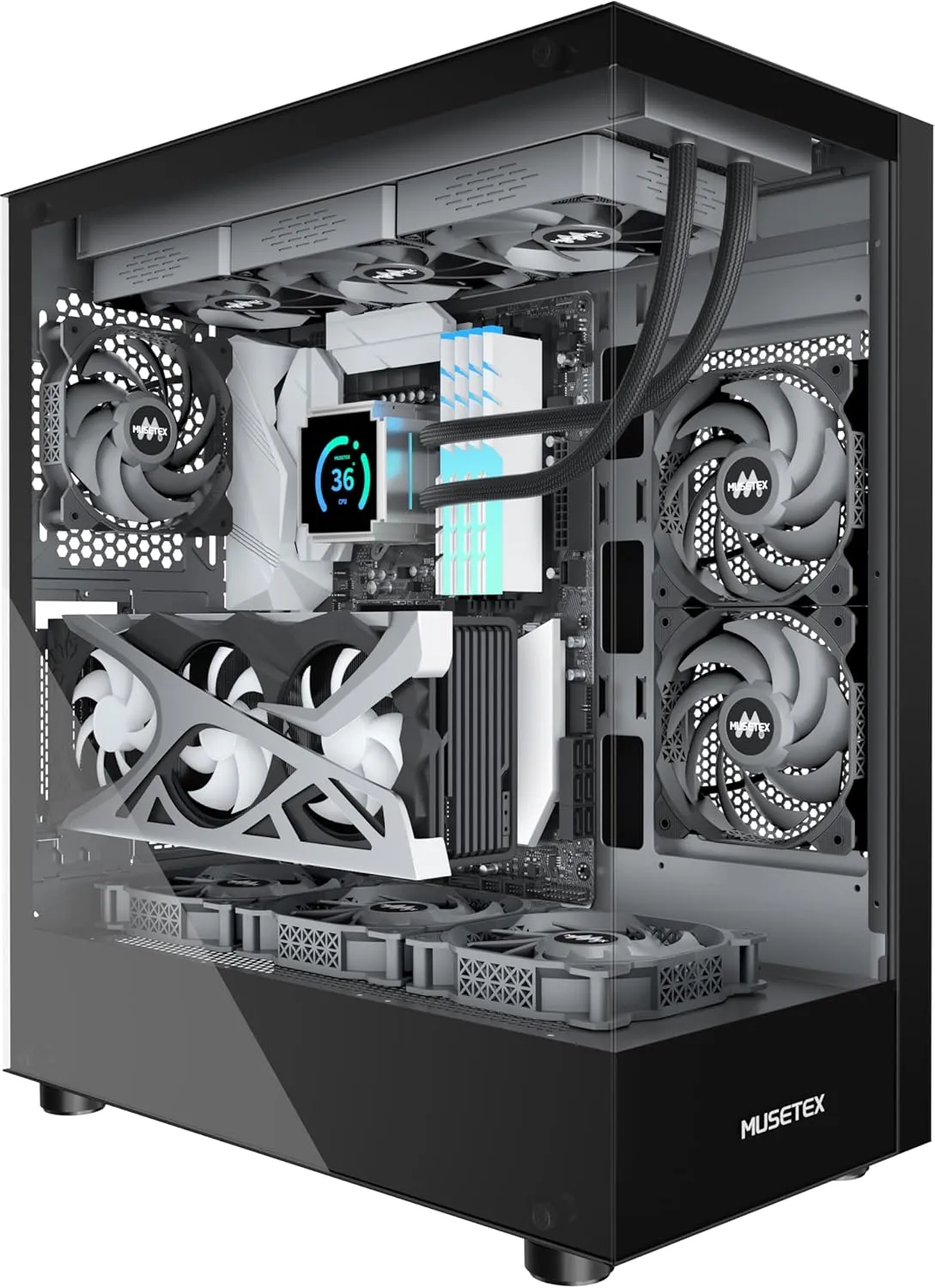 MUSETEX K2 PC Case, Computer Case 360MM RAD Support, Type-C Black ATX Case for PC, Full-View Dual Tempered Glass Mid Tower Case with 3 Non-LED Fans, Desktop Gaming PC Case