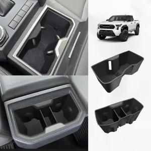 Muslogy Center Console Front&Rear Cup Holder Inserts Compatible with 2024 2025 Toyota Tacoma Accessories Middle Console and Rear Armrest CupHolder Silicone Rubber Organizer 2PCS Set