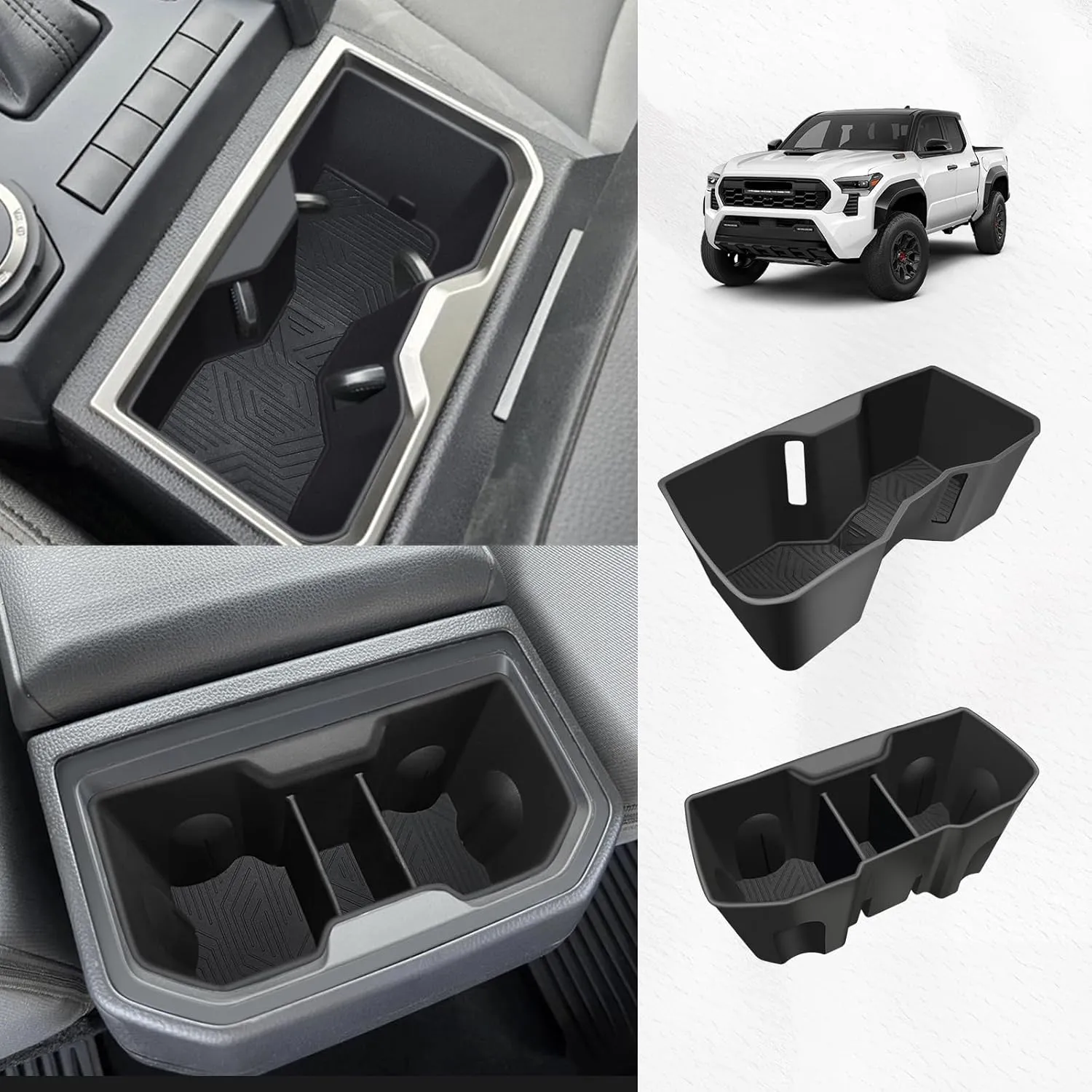 Muslogy Center Console Front&Rear Cup Holder Inserts Compatible with 2024 2025 Toyota Tacoma Accessories Middle Console and Rear Armrest CupHolder Silicone Rubber Organizer 2PCS Set