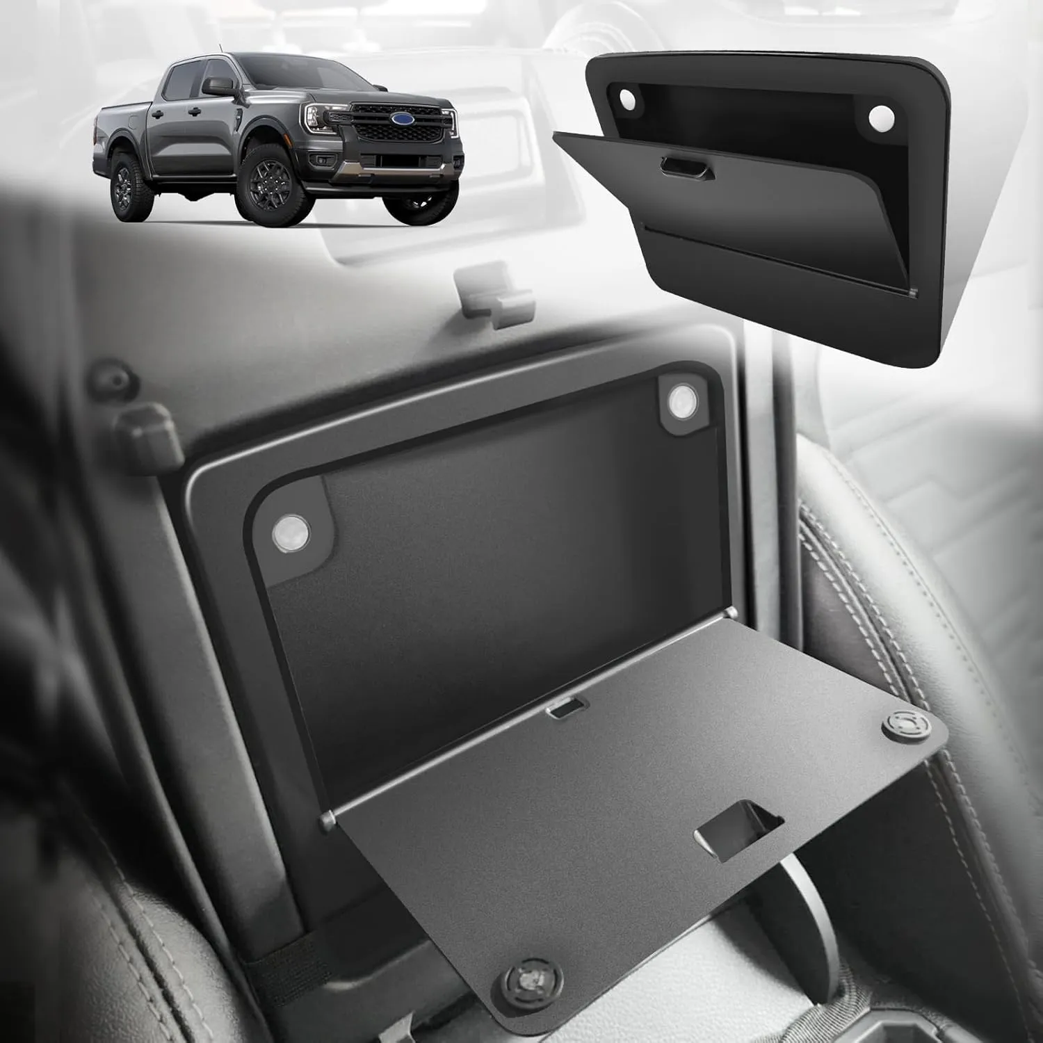 Muslogy Center Console Hidden Organizer Magnet Opening Design Compatible with Ford Ranger 2024 2025 Accessories Armrest Hidden Storage Box Insert Secret Organizer Magnetic Switch