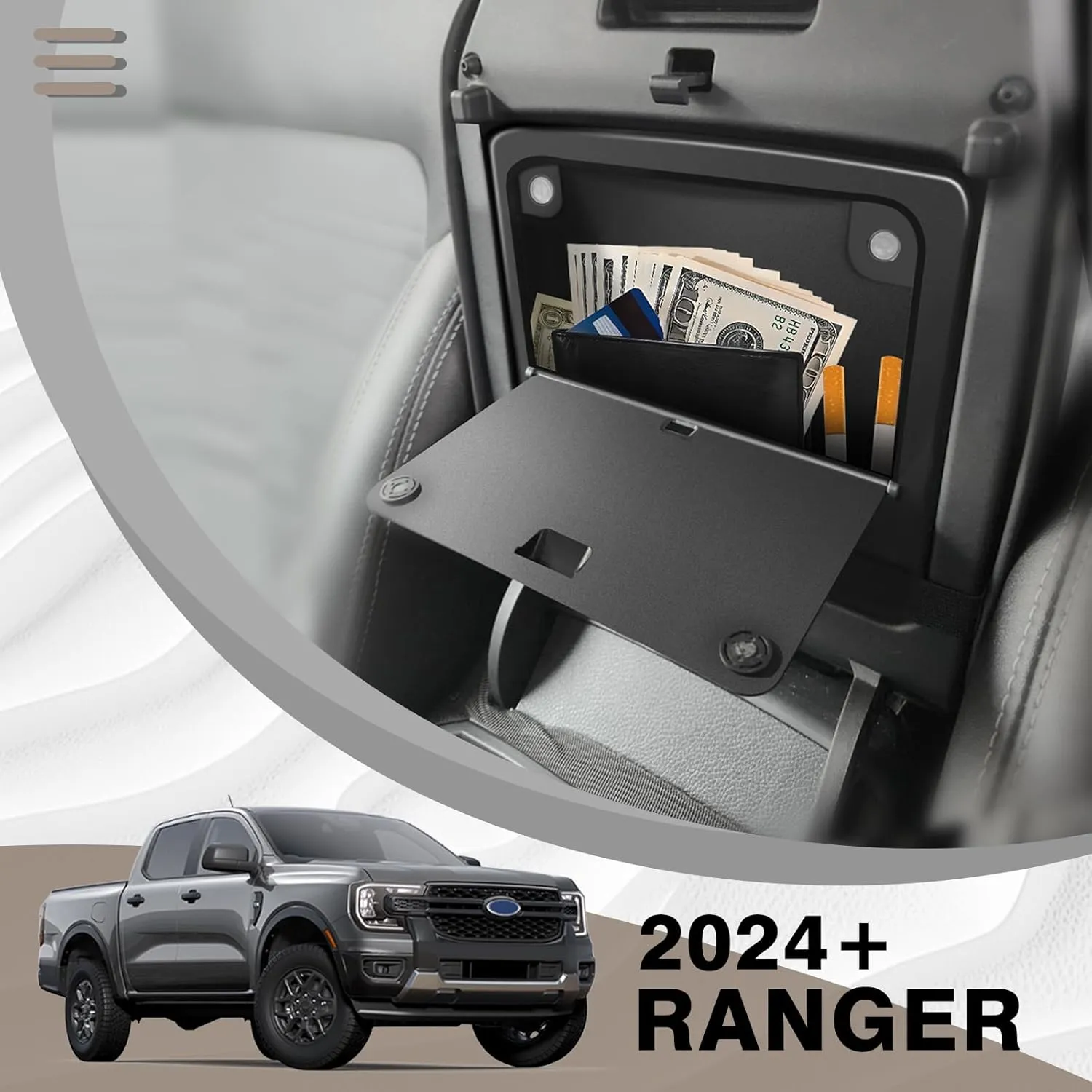 Muslogy Center Console Hidden Organizer Magnet Opening Design Compatible with Ford Ranger 2024 2025 Accessories Armrest Hidden Storage Box Insert Secret Organizer Magnetic Switch