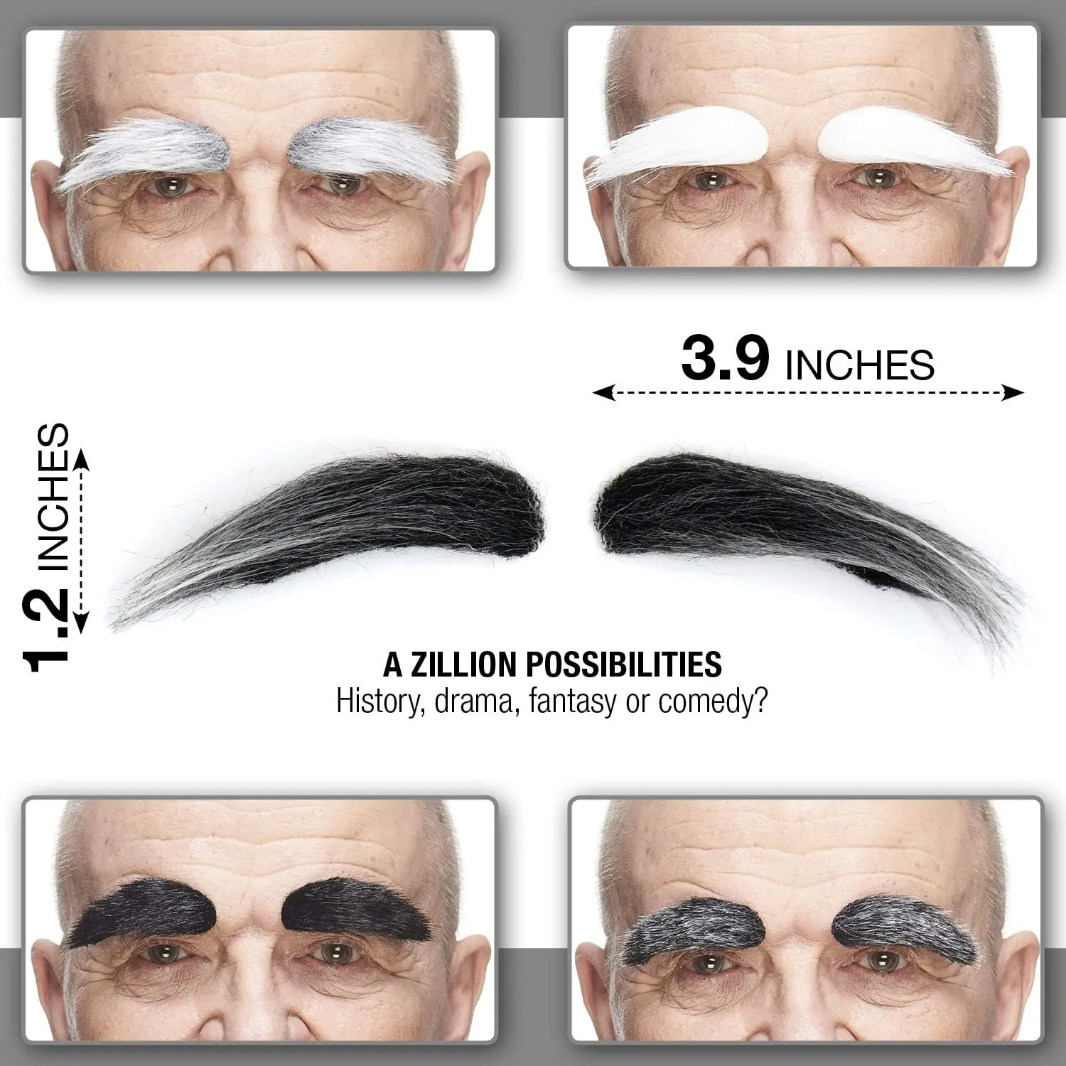 Mustaches Self Adhesive Fake Eyebrows, Novelty, Bushy Eyebrows False Facial Hair, Costume Accessory for Adults,Salt and Pepper Color