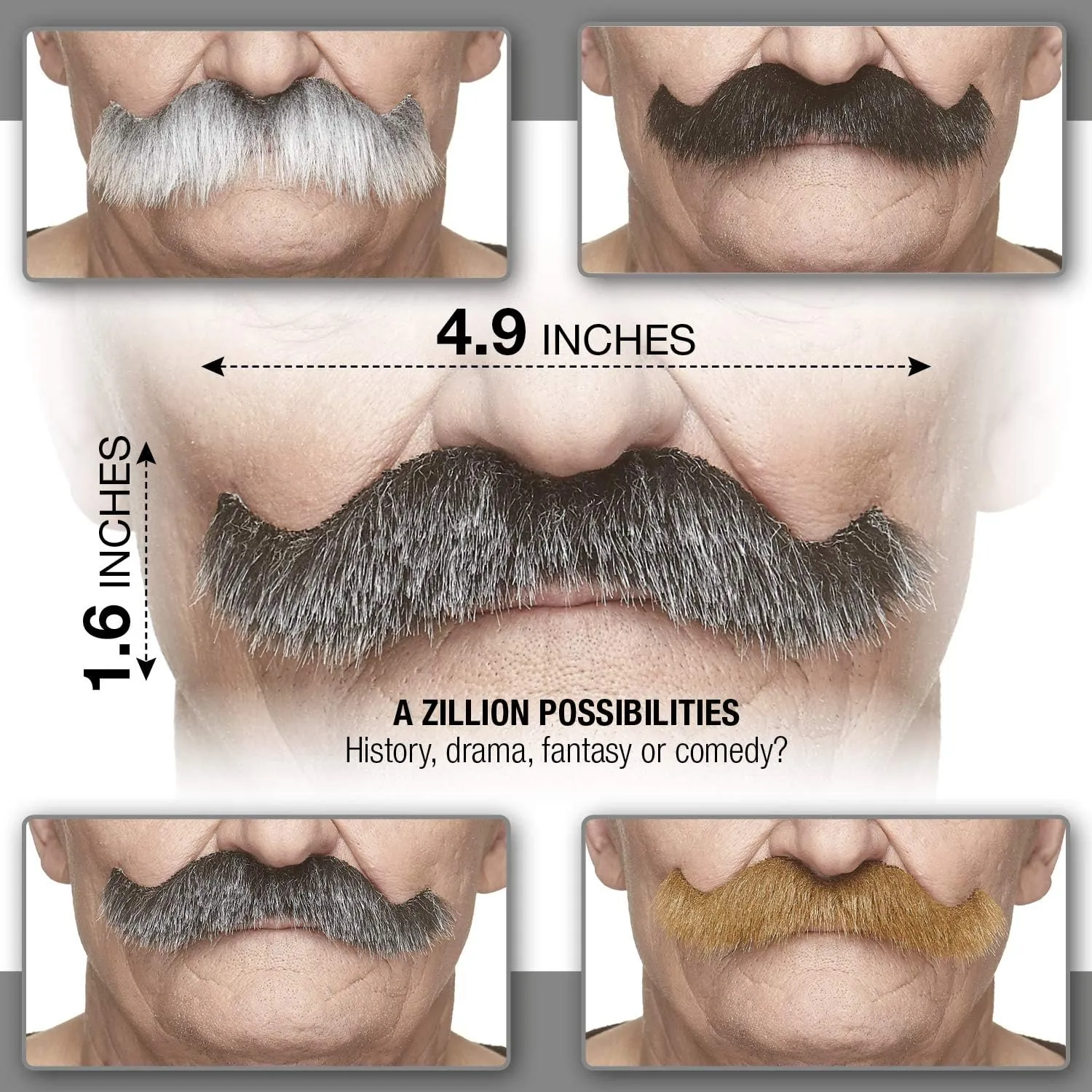 Mustaches Self Adhesive Fake Mustache, Novelty, Rocking Grandpa's False Facial Hair, Costume Accessory for Adults, Salt and Pepper Color