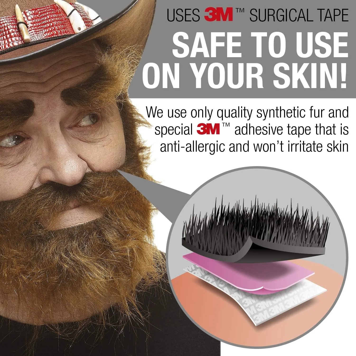 Mustaches Self Adhesive, Novelty, Realistic, Traper Fake Beard Fake Mustache and Fake Eyebrows, Brown Color