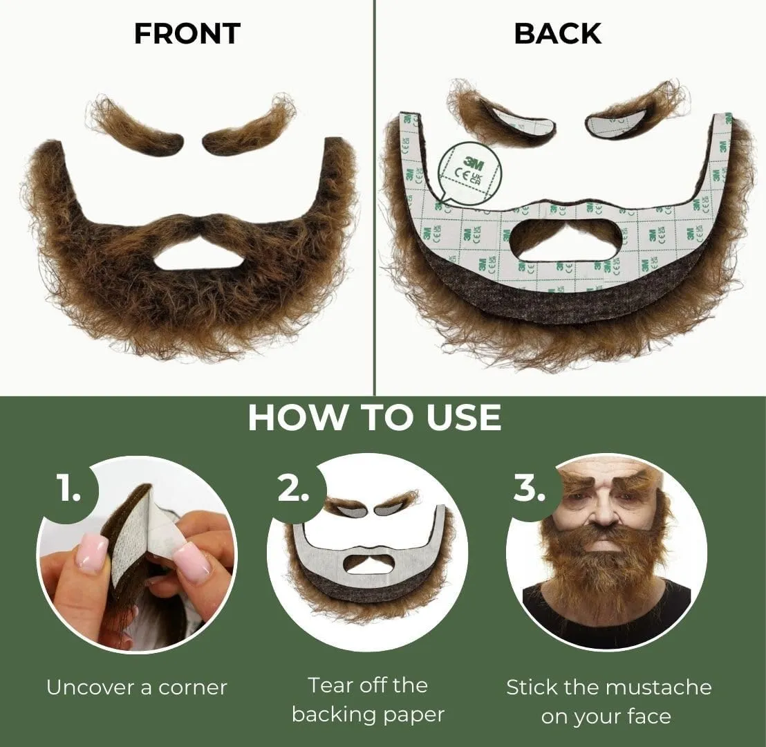 Mustaches Self Adhesive, Novelty, Realistic, Traper Fake Beard Fake Mustache and Fake Eyebrows, Brown Color