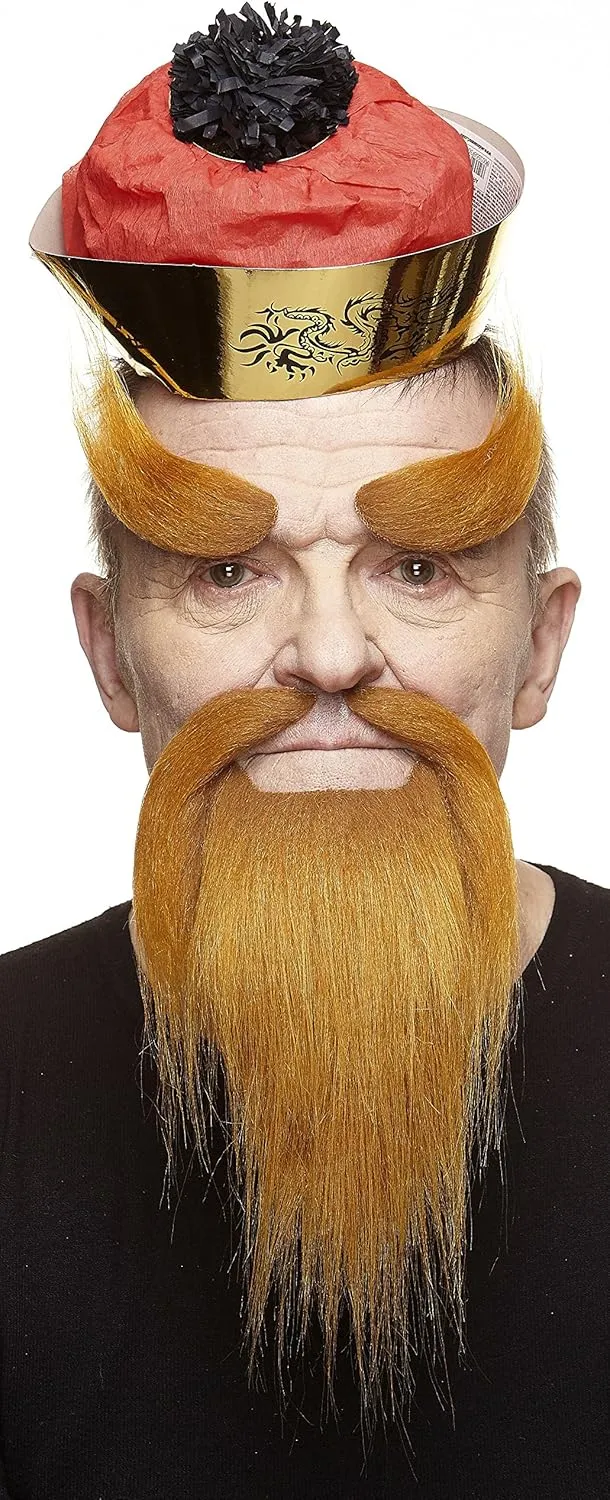 Mustaches Self Adhesive Shaolin Monk Fake Mustache Beard and Eyebrowns, Novelty, False Facial Hair, Costume Accessory for Adults, Ginger Color