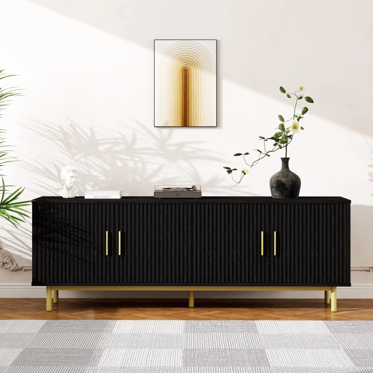 MUUEGM 70" Fluted tv Stand with Storage for Living Room, Entertainment Center Modern TV Stand for TV Up to 80 Inch, Television Media Console Table with Fluted Door and Adjustable Shelf, Glossy Black