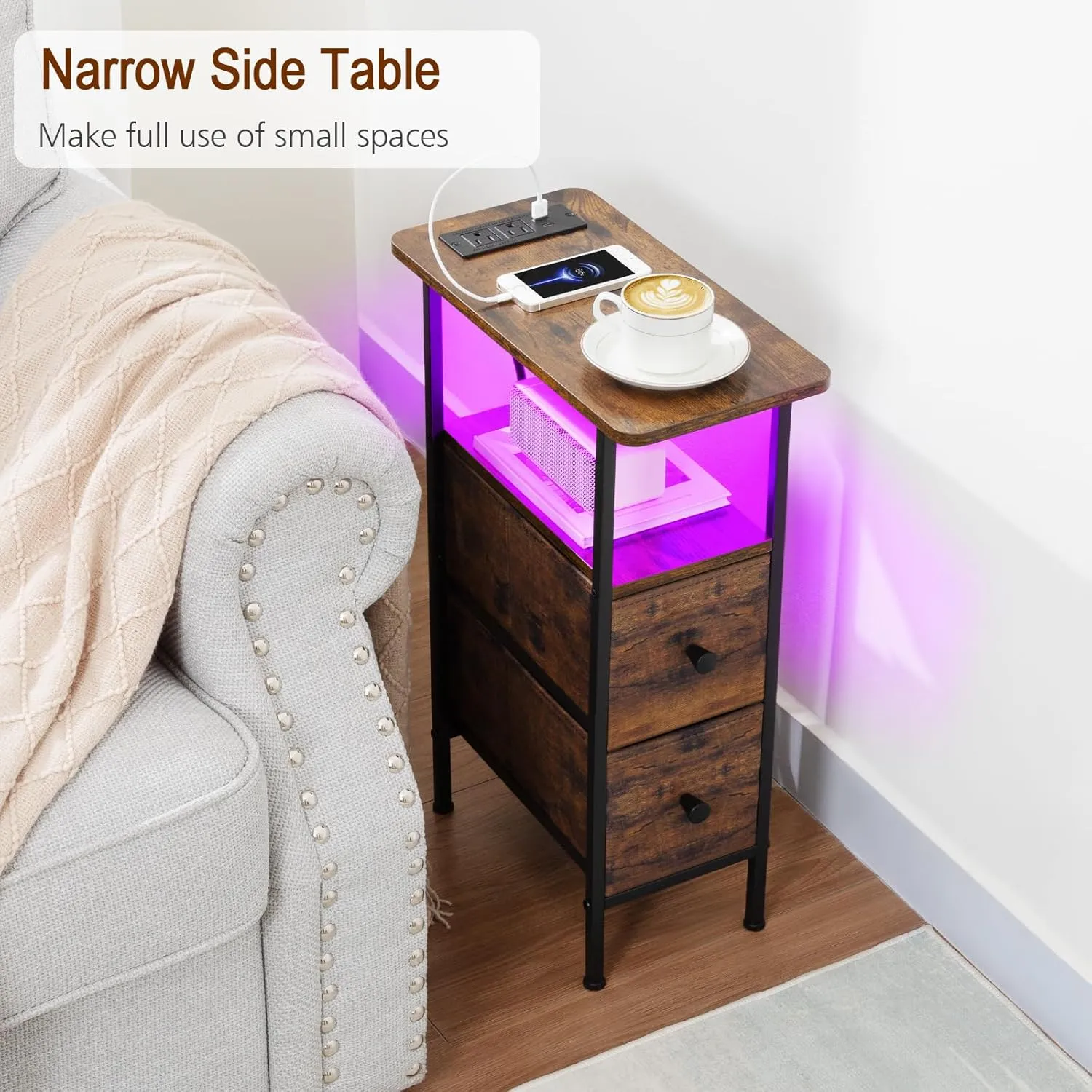 Narrow End Table Living Room with Charging Station, Skinny Side Table with Fabric Drawers, Slim LED Nightstand for Bedroom, Small Spaces, Couch, Rustic Brown, HETNDP02LPBR-1