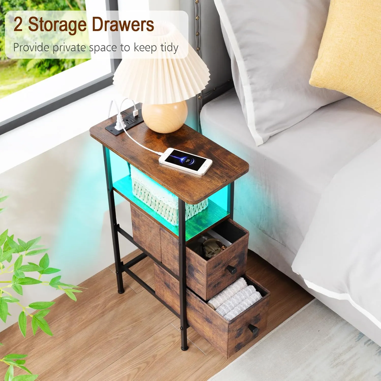 Narrow End Table Living Room with Charging Station, Skinny Side Table with Fabric Drawers, Slim LED Nightstand for Bedroom, Small Spaces, Couch, Rustic Brown, HETNDP02LPBR-1