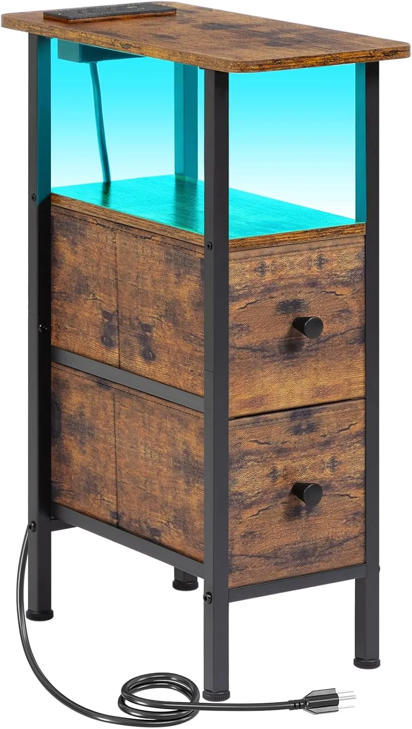 Narrow End Table Living Room with Charging Station, Skinny Side Table with Fabric Drawers, Slim LED Nightstand for Bedroom, Small Spaces, Couch, Rustic Brown, HETNDP02LPBR-1