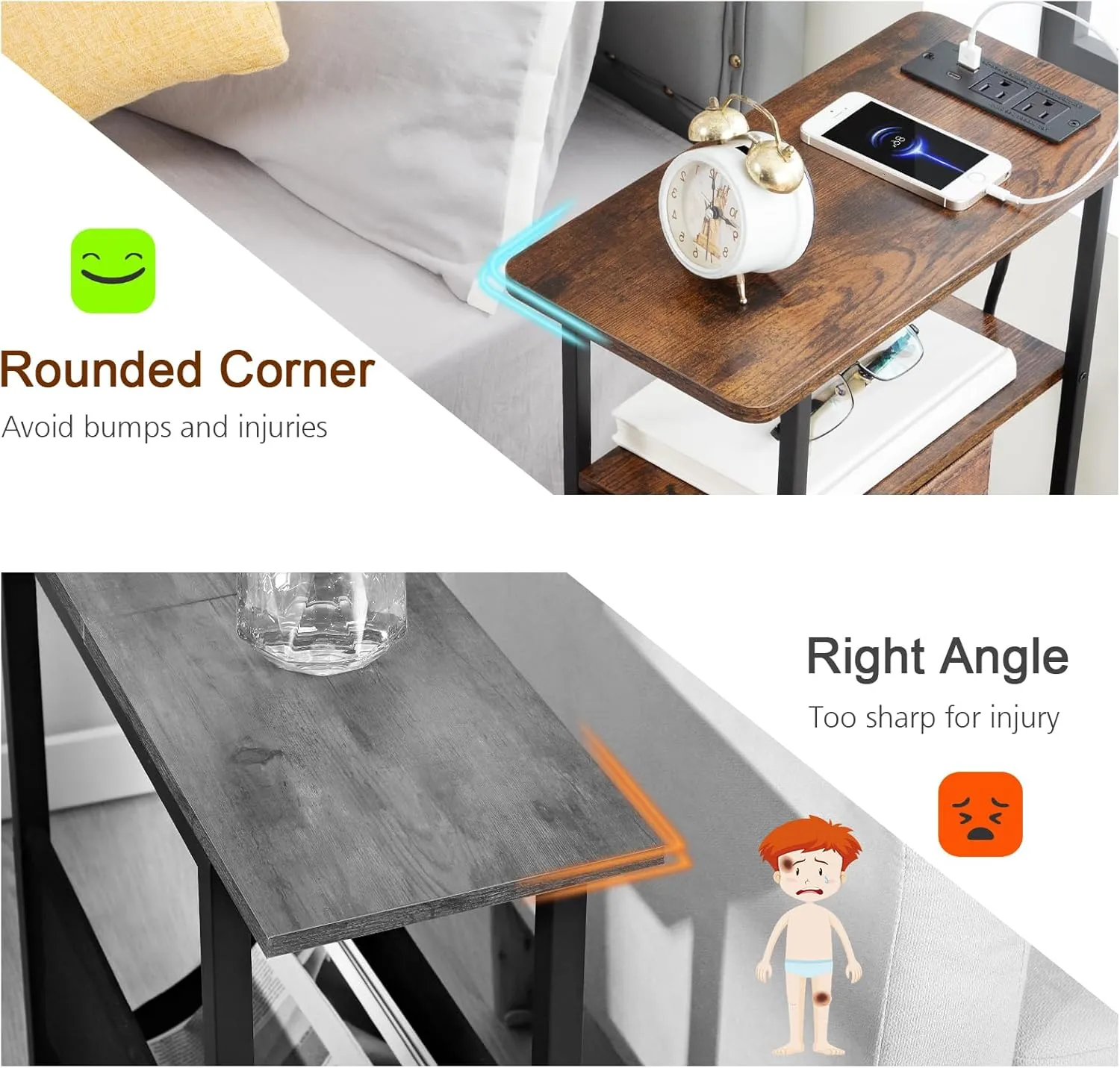 Narrow End Table Living Room with Charging Station, Skinny Side Table with Fabric Drawers, Slim LED Nightstand for Bedroom, Small Spaces, Couch, Rustic Brown, HETNDP02LPBR-1