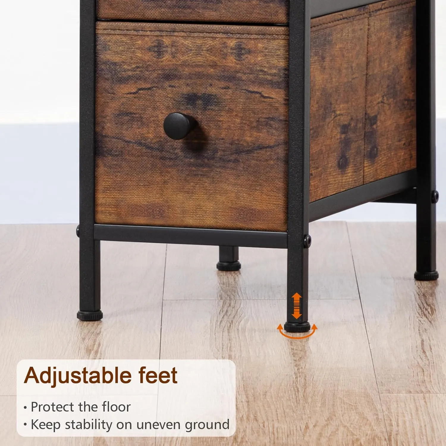 Narrow End Table Living Room with Charging Station, Skinny Side Table with Fabric Drawers, Slim LED Nightstand for Bedroom, Small Spaces, Couch, Rustic Brown, HETNDP02LPBR-1
