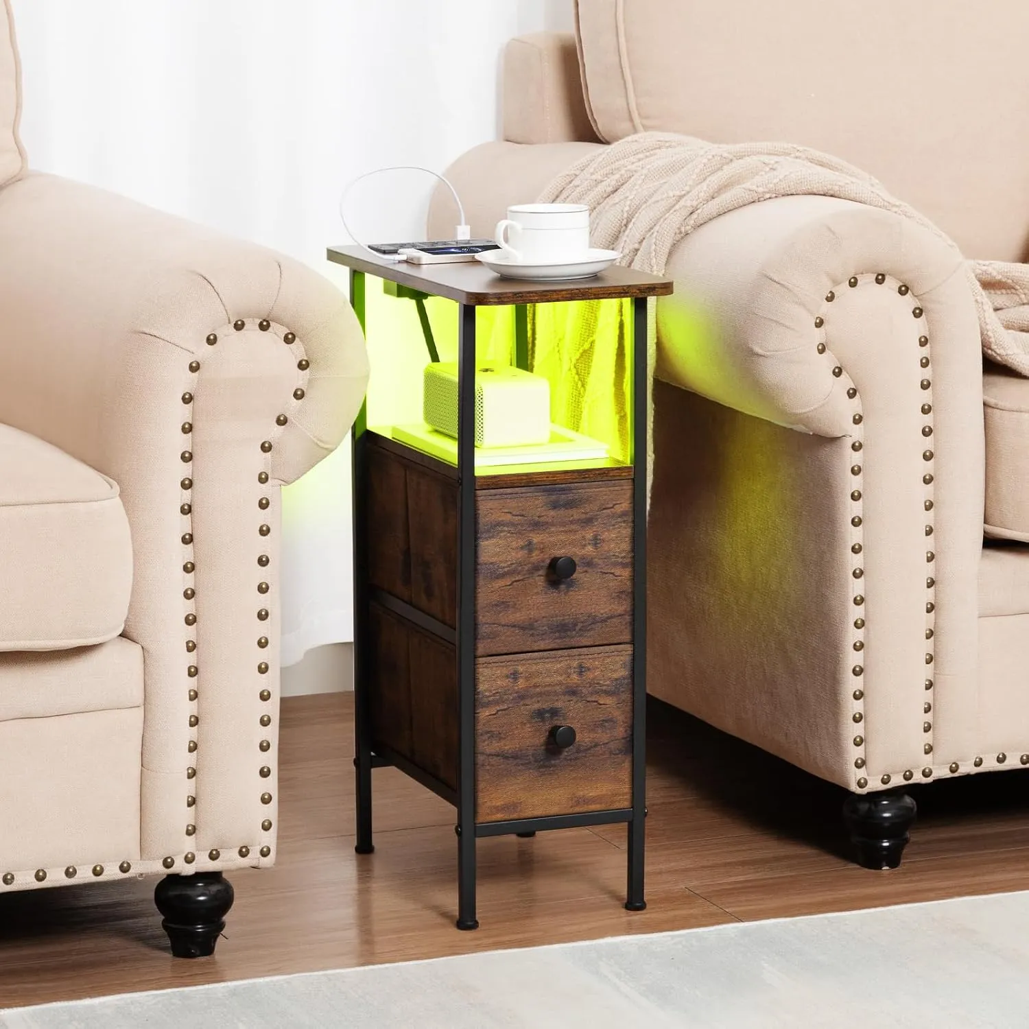 Narrow End Table Living Room with Charging Station, Skinny Side Table with Fabric Drawers, Slim LED Nightstand for Bedroom, Small Spaces, Couch, Rustic Brown, HETNDP02LPBR-1