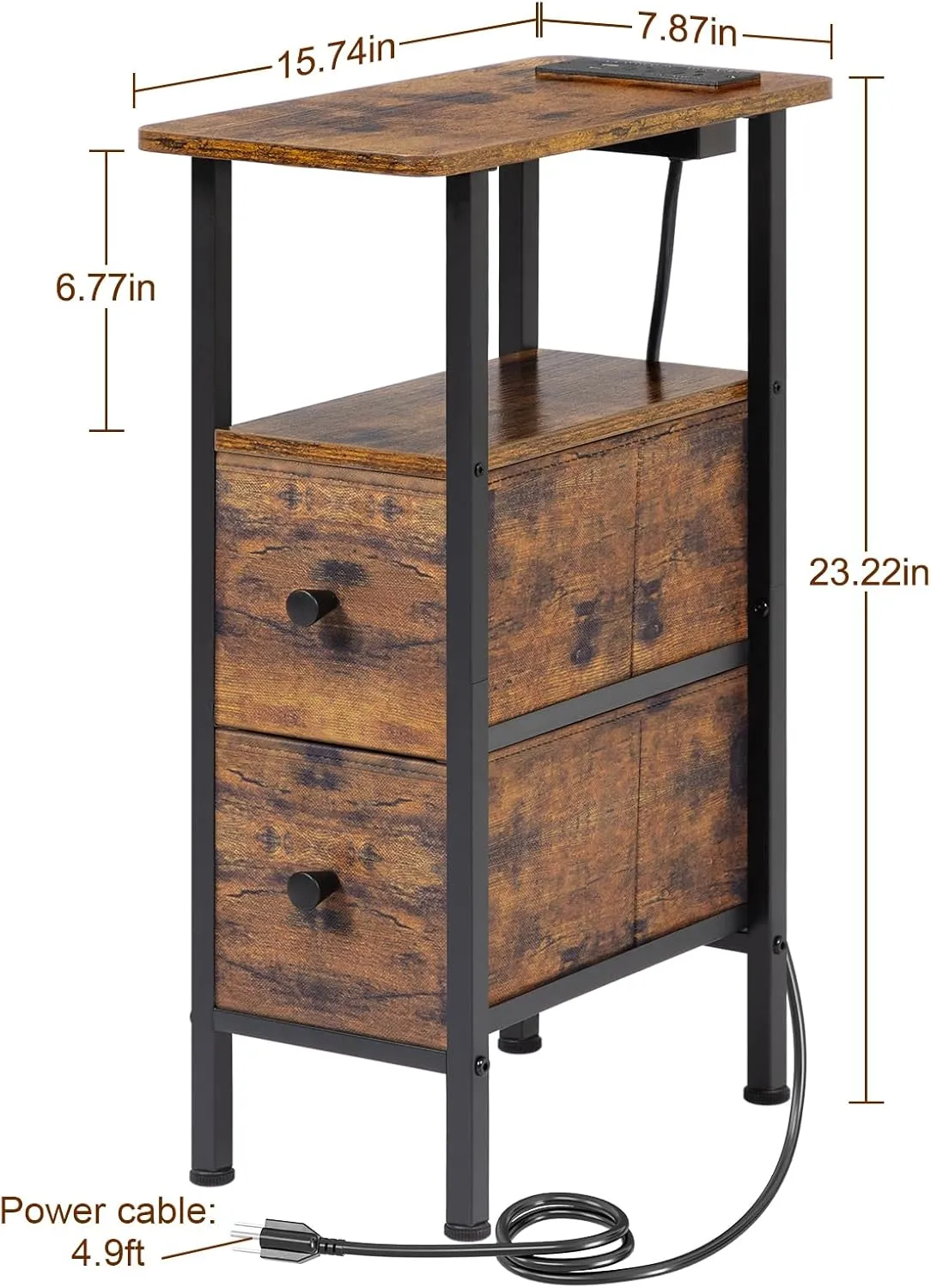 Narrow End Table Living Room with Charging Station, Skinny Side Table with Fabric Drawers, Slim LED Nightstand for Bedroom, Small Spaces, Couch, Rustic Brown, HETNDP02LPBR-1