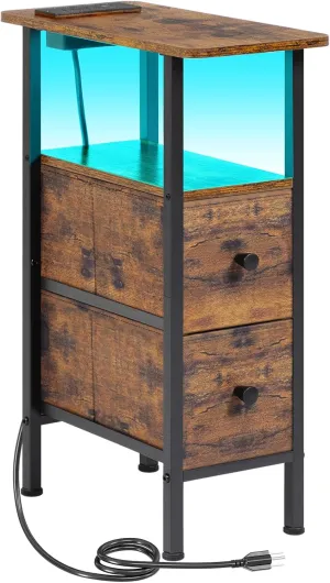 Narrow End Table Living Room with Charging Station, Skinny Side Table with Fabric Drawers, Slim LED Nightstand for Bedroom, Small Spaces, Couch, Rustic Brown, HETNDP02LPBR-1