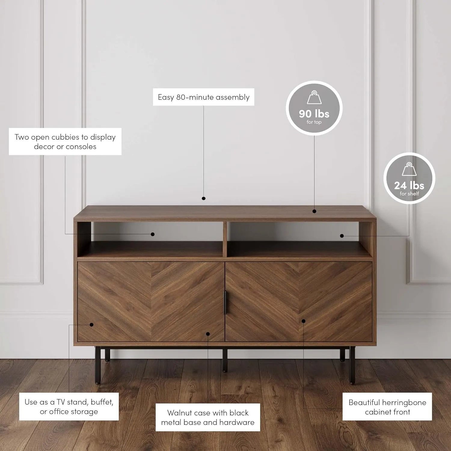 Nathan James Izsak Wood Media Console, TV Stand, Entertainment Cabinet with Herringbone Doors and Cubby Storage in a Rustic Dark Finish for Living, Dining Room or Entryway, Walnut Brown/Black