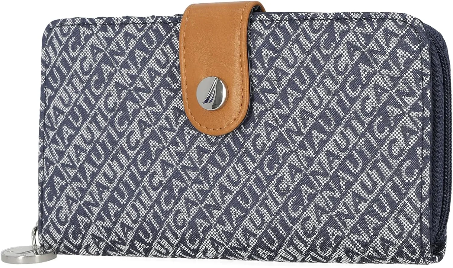 Nautica Be Shore Zip Around Wallet for Women RFID Vegan Leather Clutch, Bifold Organizer with Phone Holder, Card Slots, and Checkbook Pocket, Indigo Jacquard