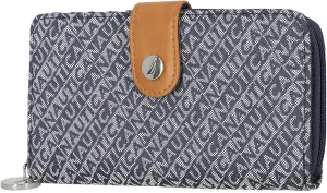 Nautica Be Shore Zip Around Wallet for Women RFID Vegan Leather Clutch, Bifold Organizer with Phone Holder, Card Slots, and Checkbook Pocket, Indigo Jacquard