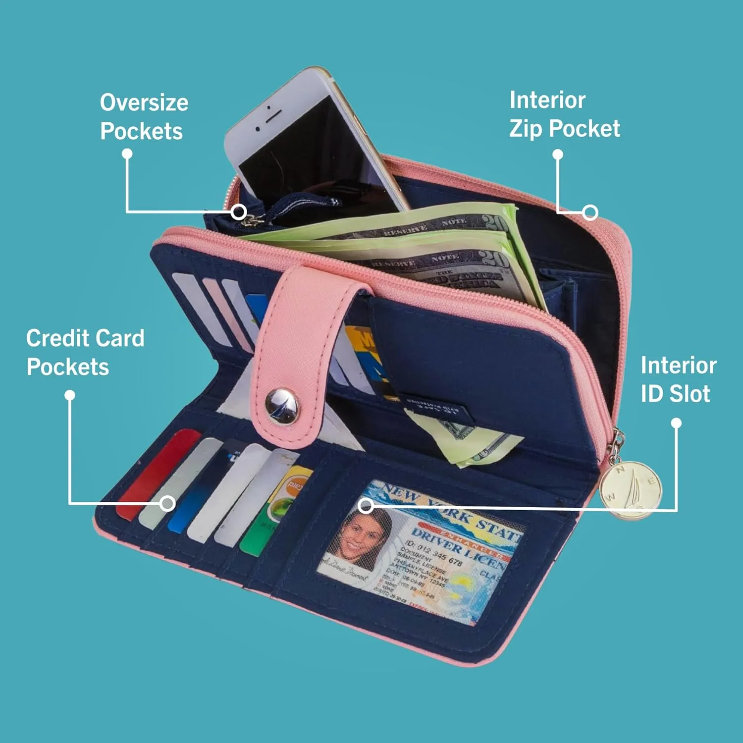 Nautica Be Shore Zip Around Wallet for Women RFID Vegan Leather Clutch, Bifold Organizer with Phone Holder, Card Slots, and Checkbook Pocket, Indigo