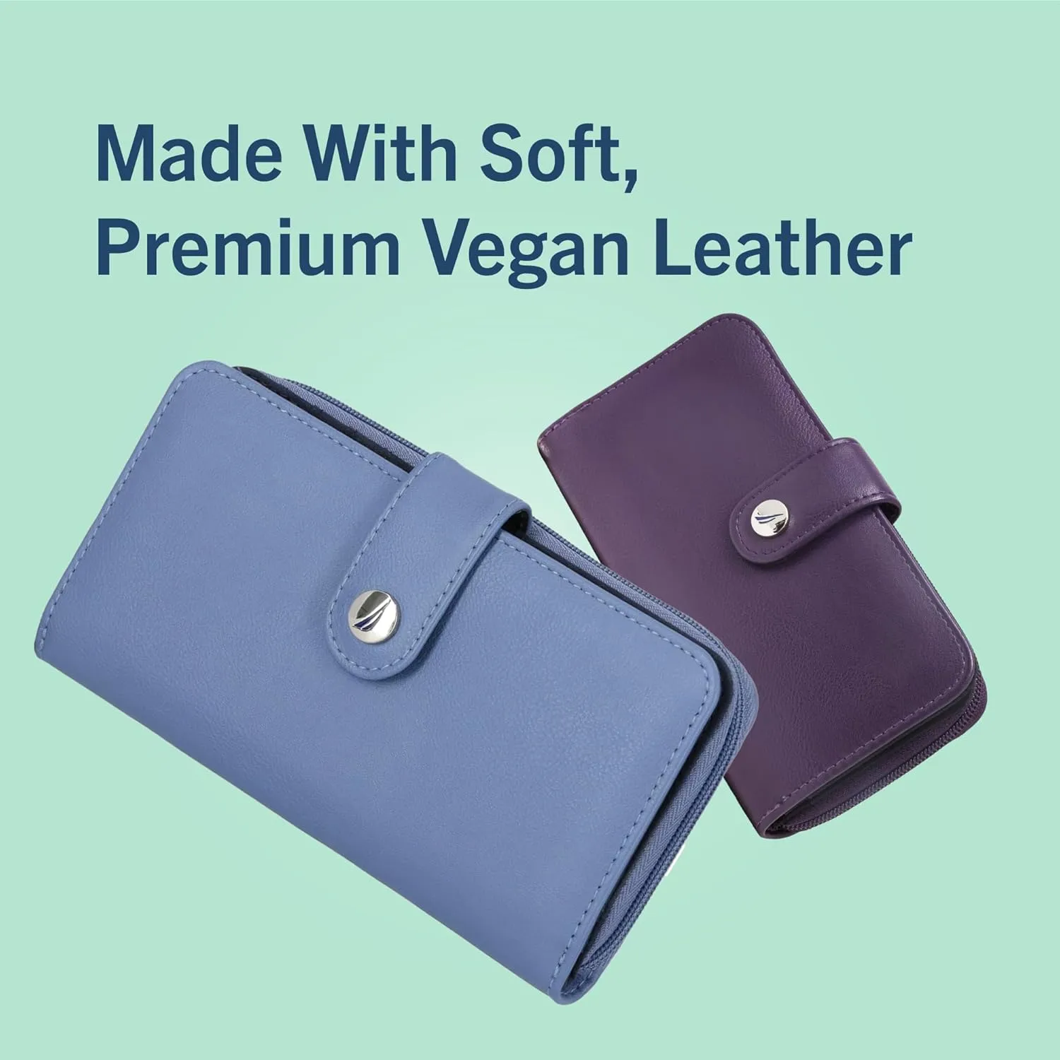 Nautica Be Shore Zip Around Wallet for Women RFID Vegan Leather Clutch, Bifold Organizer with Phone Holder, Card Slots, and Checkbook Pocket, Indigo