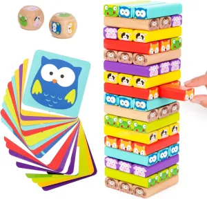 Nene Toys Wooden Tumble Tower Game with Animals & Colors, 4-in-1 Educational Family Board Game for Kids Ages 3-9, Creativity & Cognitive Skills Booster - Gift for Boys Girls 3  Years