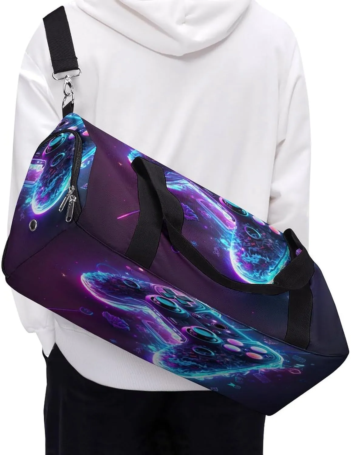 Neon Lights Game Controller Gym Duffel Bag for Boys Girls with Shoe Compartment Travel
