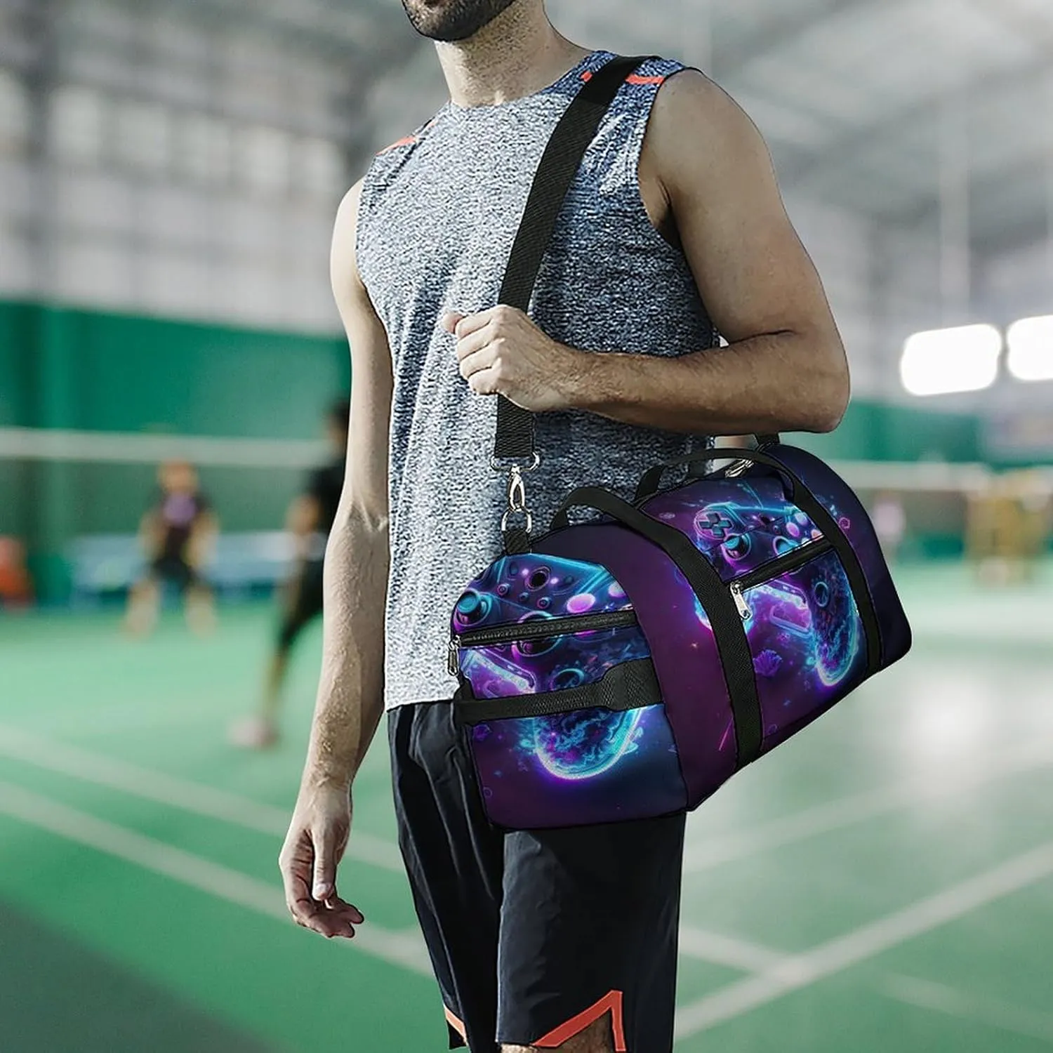 Neon Lights Game Controller Gym Duffel Bag for Boys Girls with Shoe Compartment Travel