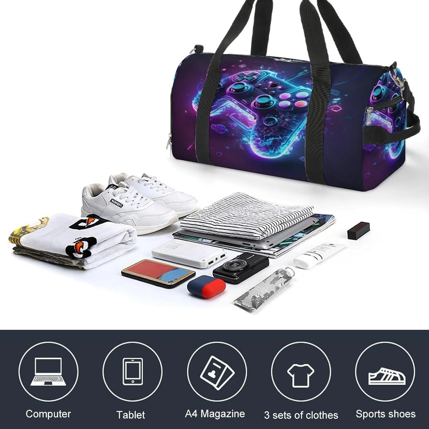 Neon Lights Game Controller Gym Duffel Bag for Boys Girls with Shoe Compartment Travel