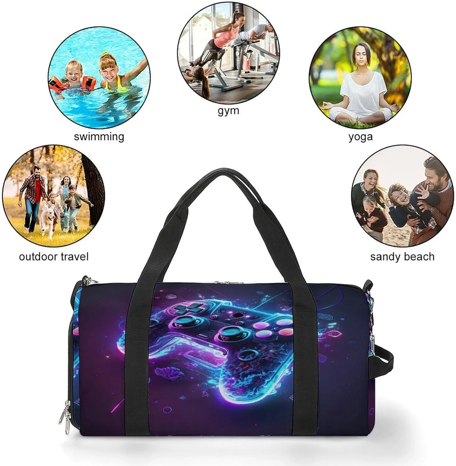 Neon Lights Game Controller Gym Duffel Bag for Boys Girls with Shoe Compartment Travel