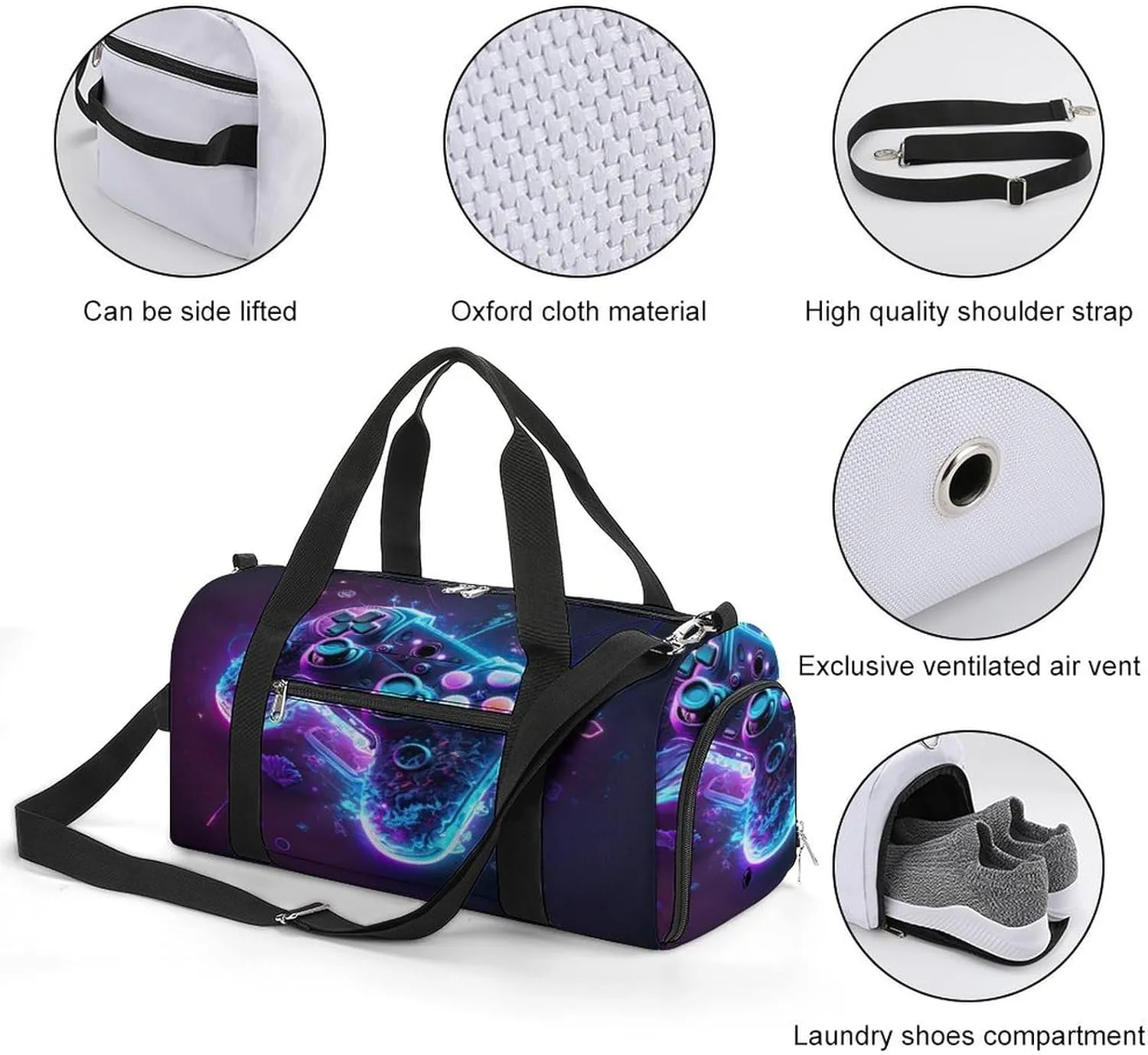 Neon Lights Game Controller Gym Duffel Bag for Boys Girls with Shoe Compartment Travel