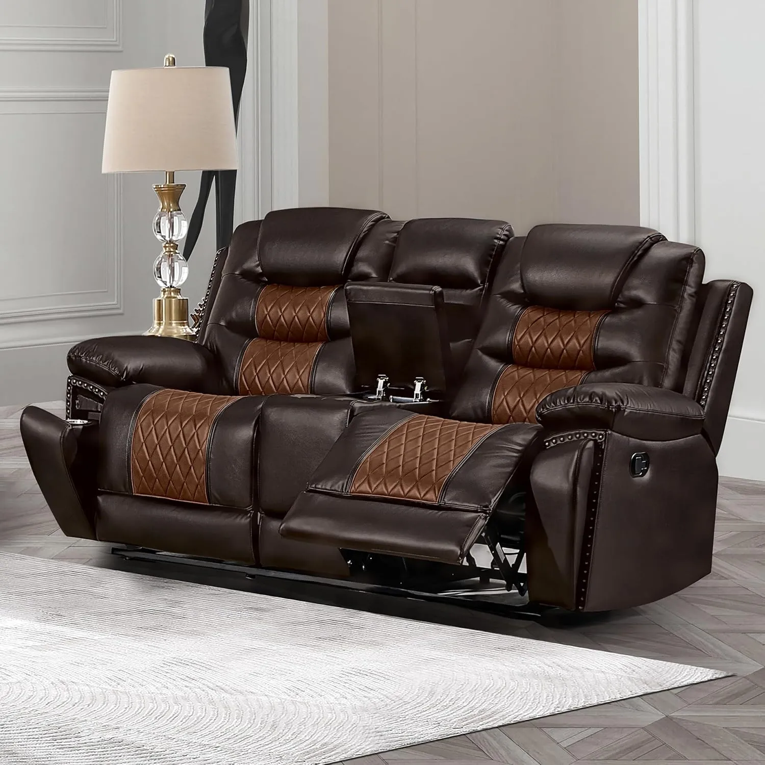 New Classic Furniture Nikko Faux Leather Manual Console Loveseat with Dual Recliners, Brown