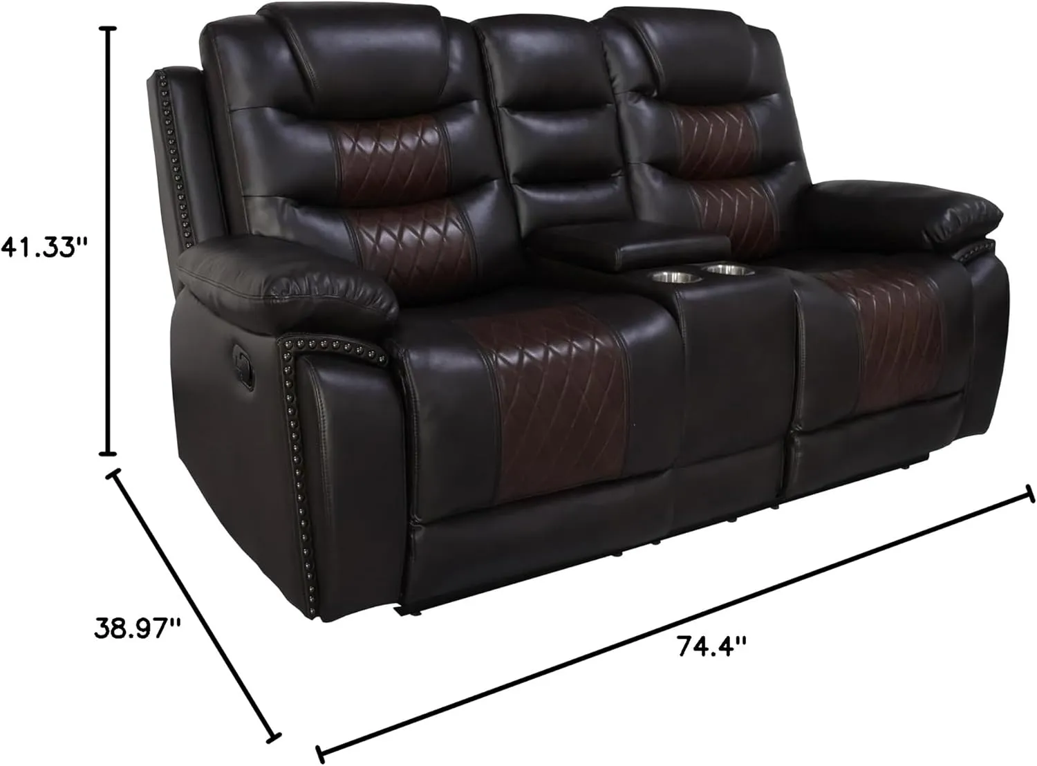 New Classic Furniture Nikko Faux Leather Manual Console Loveseat with Dual Recliners, Brown