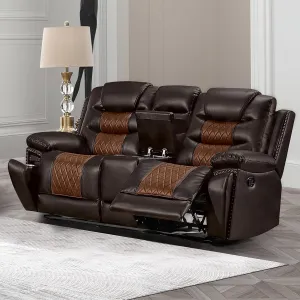 New Classic Furniture Nikko Faux Leather Manual Console Loveseat with Dual Recliners, Brown
