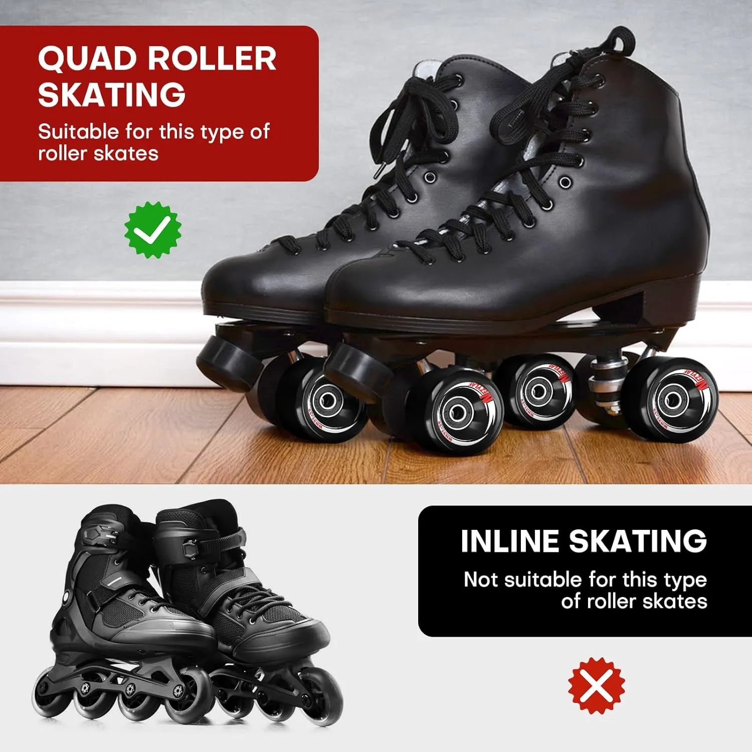 Nezylaf 8 Pack 32 x 58, 82A Quad Roller Skate Wheels with Bearing Installed and 2 Toe Stoppers for Double Row Skating,Replacment Accessories Suitable for Outdoor or Indoor