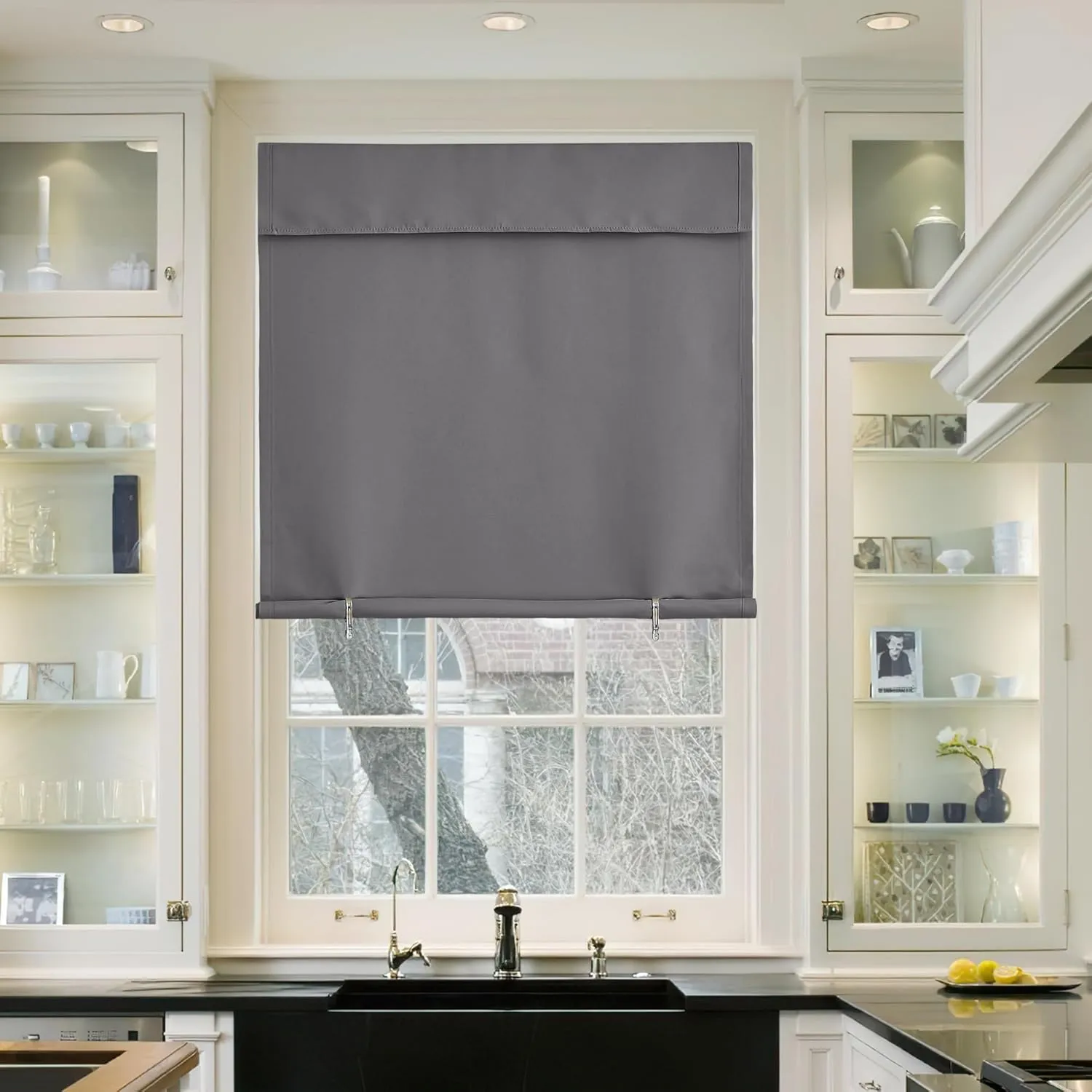 NICETOWN Portable Blackout Small Curtains for Kitchen, Thermal Lnsulated Self-Adhesive Short Curtain Drapes for Baby Nursery/Storage Room Bathroom Basement, 1 Panel (Grey, 42" W x 48" L)
