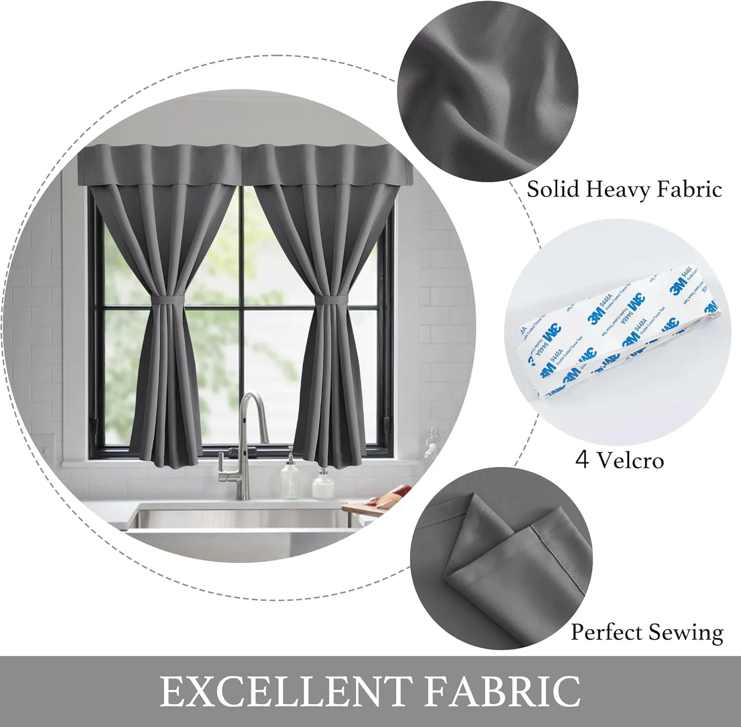 NICETOWN Portable Blackout Small Curtains for Kitchen, Thermal Lnsulated Self-Adhesive Short Curtain Drapes for Baby Nursery/Storage Room Bathroom Basement, 1 Panel (Grey, 42" W x 48" L)