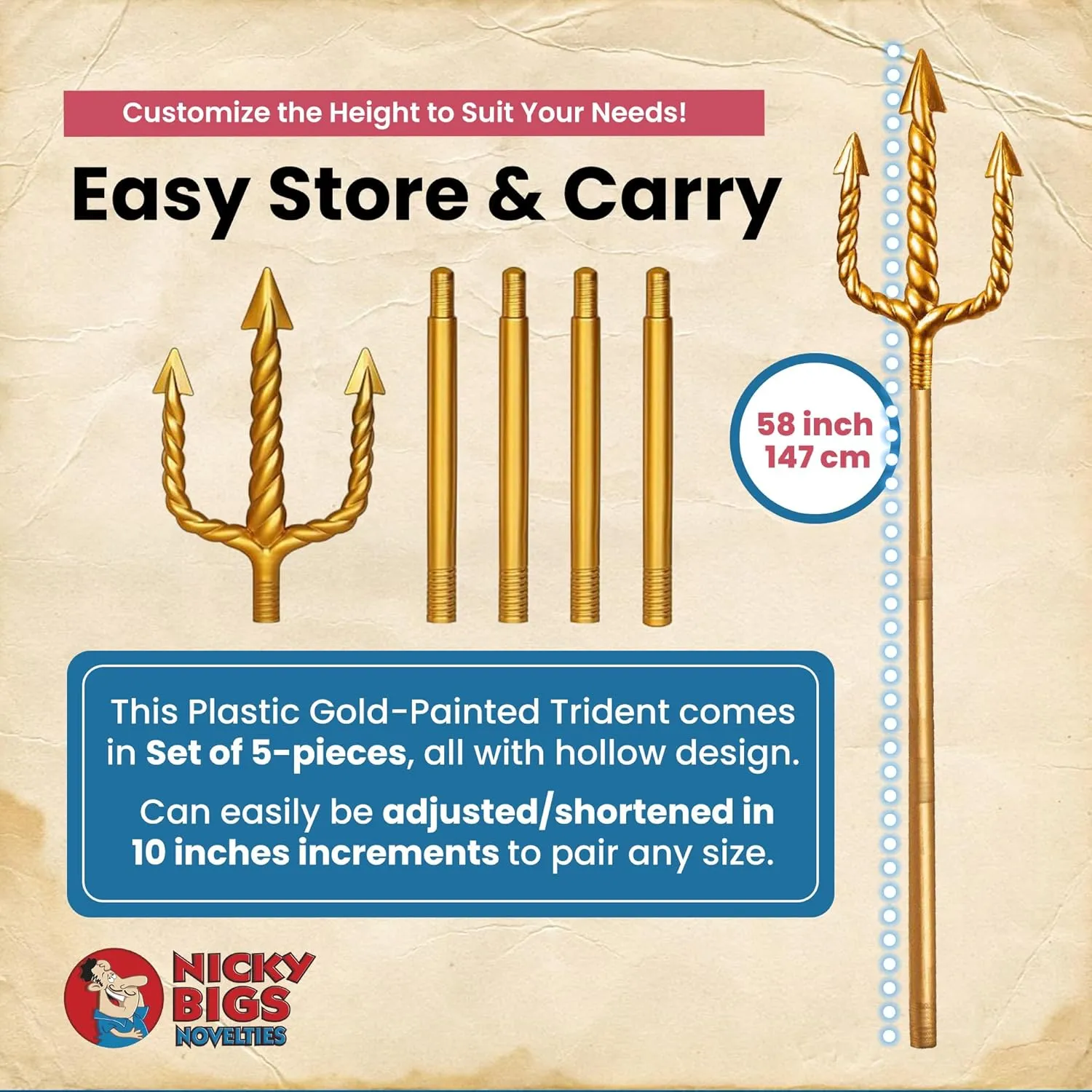Nicky Bigs Novelties Adult Trident Staff 5pc Set King Neptune Trident Classic Costume Devil Pitchfork Accessory Prop Gold