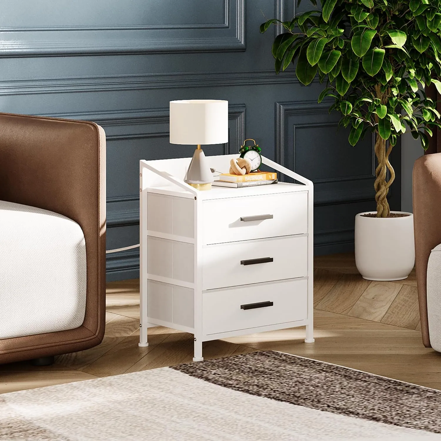 Nightstand 3 Drawer Dresser with Charging Station, 11" D x 15.6" W x 21" H, Set of 2 Side Table with Fabric Drawers, Small Dresser for Kids Closet Guest Bedroom (White, Set of 2 with Charger)
