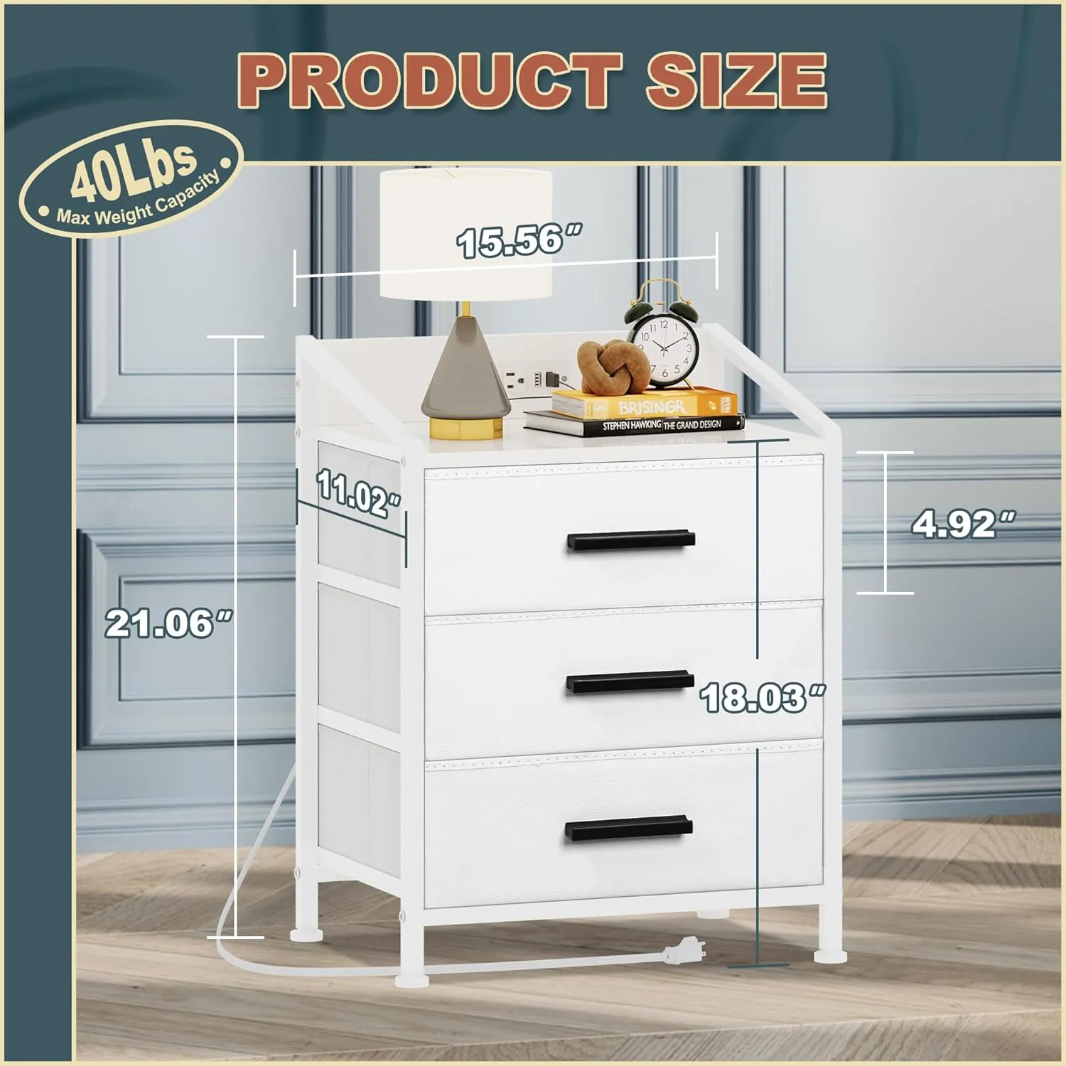 Nightstand 3 Drawer Dresser with Charging Station, 11" D x 15.6" W x 21" H, Set of 2 Side Table with Fabric Drawers, Small Dresser for Kids Closet Guest Bedroom (White, Set of 2 with Charger)