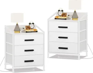 Nightstand 3 Drawer Dresser with Charging Station, 11" D x 15.6" W x 21" H, Set of 2 Side Table with Fabric Drawers, Small Dresser for Kids Closet Guest Bedroom (White, Set of 2 with Charger)