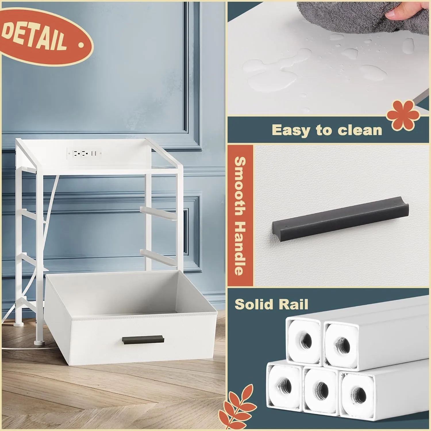 Nightstand 3 Drawer Dresser with Charging Station, 11" D x 15.6" W x 21" H, Set of 2 Side Table with Fabric Drawers, Small Dresser for Kids Closet Guest Bedroom (White, Set of 2 with Charger)
