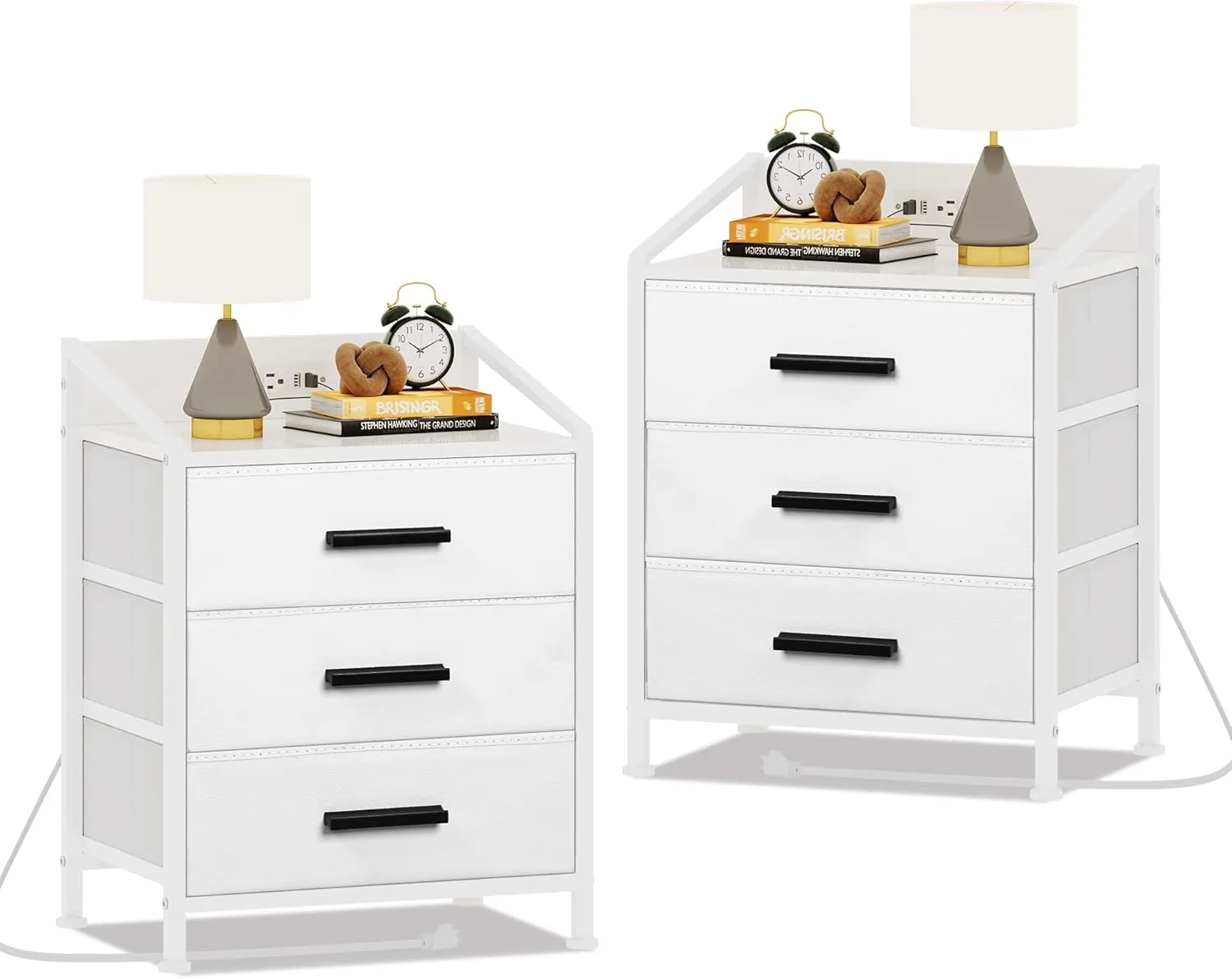 Nightstand 3 Drawer Dresser with Charging Station, 11" D x 15.6" W x 21" H, Set of 2 Side Table with Fabric Drawers, Small Dresser for Kids Closet Guest Bedroom (White, Set of 2 with Charger)